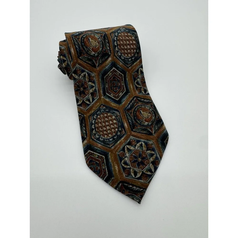Vintage Valentino Silk Tie Geometric Medallion Brown Blue Necktie‎ Made in Italy